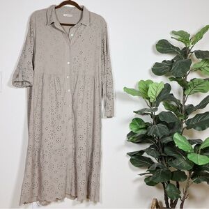 Laura Bianchi Women Cotton Eyelet Midi Shirt Dress Beige Button Front Sz L Italy